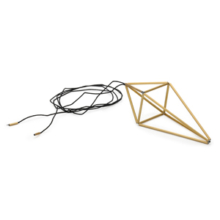 Gold colored pendant on black silk cord. Pendant prisma describes an unequal-sided double tetrahedron, reminiscent of crystal. It is made of anodized aluminum tubes, which invisibly mounted on nylon form the side edges of the polyhedron.