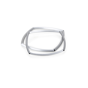 Two bangles, each made of aluminum tube segments of different thicknesses. Four tube sections each are knotted together with a silicone band to form a rounded square.