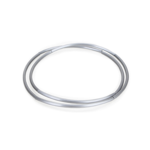 A chain of eight quarter circle segments, formed from aluminum tubing is strung on a stretchy silicone band and can be worn as a necklace either long and wavy or short laid into two circles.