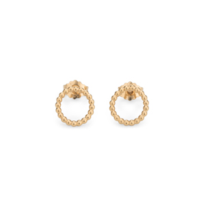 Zwei kreisförmige Ohrstecker aus Gold platiertem Sterlingsilber. Die Kreise sind ca 12 groß und bestehen aus kleinen aneinander gereihten Kügelchen.