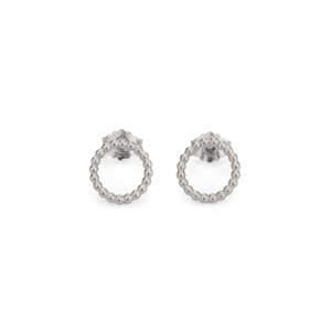 Two circular earstuds in sterling silver. The circles are about 12mm and consist of small juxtaposed beads.