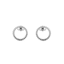 Small dots are arranged in a circle, which is 14mm in diameter. Two such circles lie side by side as a pair of sterling silver stud earrings. A pin is attached to the back rim, which enables it to function as a stud earring.