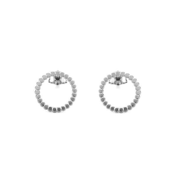 Small dots are arranged in a circle, which is 14mm in diameter. Two such circles lie side by side as a pair of sterling silver stud earrings. A pin is attached to the back rim, which enables it to function as a stud earring.