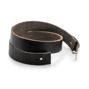 Double row bracelet made from a 15mm wide brown leather strap. This is fitted with a rectangular silver clasp that can close the bracelet by means of a button rivet. The bracelet shows a side view when open.