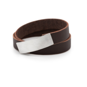 Double wrapped leather strap with large rectangular silver clasp. Bracelet and clasp are 15mm wide.