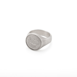 Solid sterling silver signet ring. The decorative plate is about 17mm in diameter and engraved with a family crest.
