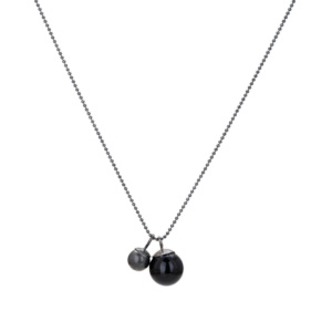 Oxidized silver ball necklace with two spherical pendants. One is an oxidized silver ball, 8mm in size, and the other is a shiny onyx ball, 12mm.