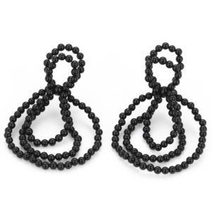 Earrings measuring 6cm in length, made of shiny Onyx beads, strung on nylon into 3 long and two short loops, and equipped with a silver stud.